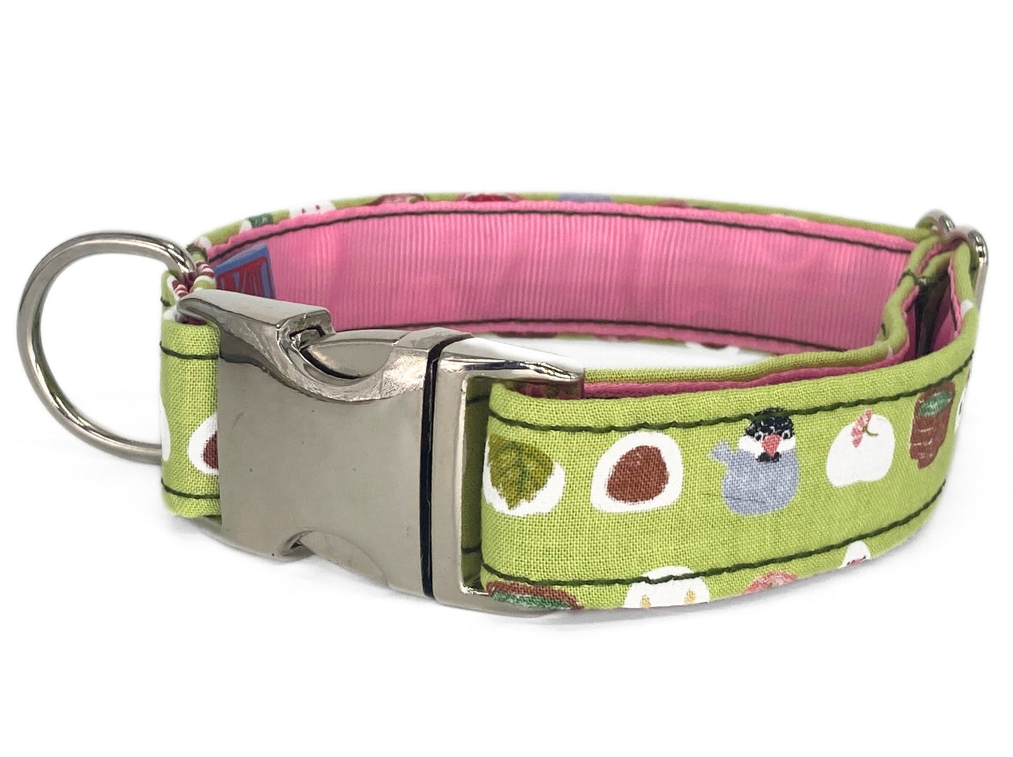 Collar para perro con tela japonesa de color verde oliva, pasteles japoneses y pájaro Buncho 